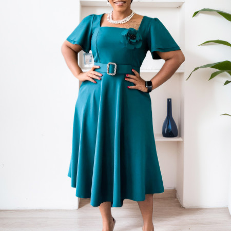 Women's New Fashionable Square Neck Solid Color High Waist Big Swing Skirt African Dress