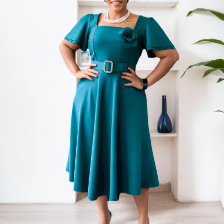 Women's New Fashionable Square Neck Solid Color High Waist Big Swing Skirt African Dress