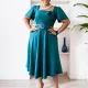 Women's New Fashionable Square Neck Solid Color High Waist Big Swing Skirt African Dress