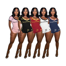 Women's V-neck letter print tight contrasting color lace up sports style short sleeved shorts spicy girl set