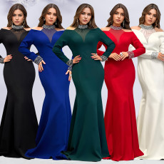 Fashionable women's elegant slim fit bag arm rhinestone solid color dress