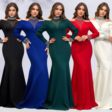 Fashionable women's elegant slim fit bag arm rhinestone solid color dress