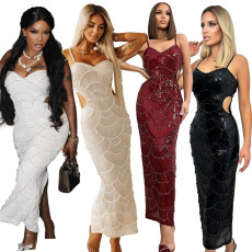 Sequin nail bead suspender long evening gown, socialite party slit dress