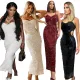 Sequin nail bead suspender long evening gown, socialite party slit dress