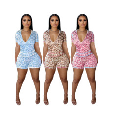 Spring and summer leopard print zipper hooded print contrasting color tight fitting hip lifting short sleeved shorts two-piece set