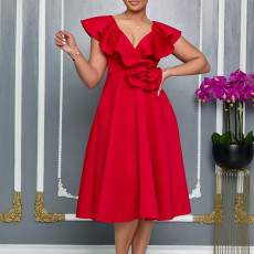 V-neck ruffled flower skirt fashion dress party dress