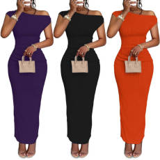 2025 New Cross border Cute and Fashionable Water Ripple Slanted Shoulder Dress in Stock