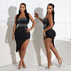Fashionable women's strapless hot stamping diamond sexy irregular dress