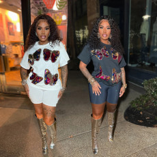 Women's sequined hoodie casual loose top women's short two-piece set