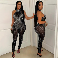 Women's sexy mesh rhinestone see through jumpsuit sleeveless nightclub women's clothing