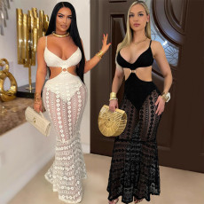 Sexy camisole V-neck lace see through hip hugging dress with exposed waist long skirt, Amazon new style