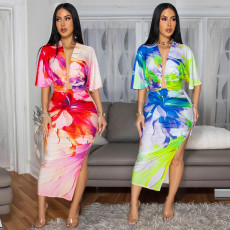 New sexy V-neck half sleeved top with split half skirt print two-piece set for women