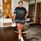 Fashion round neck short sleeved top paired with short casual rhinestone two-piece set