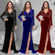 Fashionable women's sexy bag arm deep v hot stamping split dress new