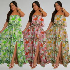 Fashionable women's front slit breathable printed sleeveless dress new