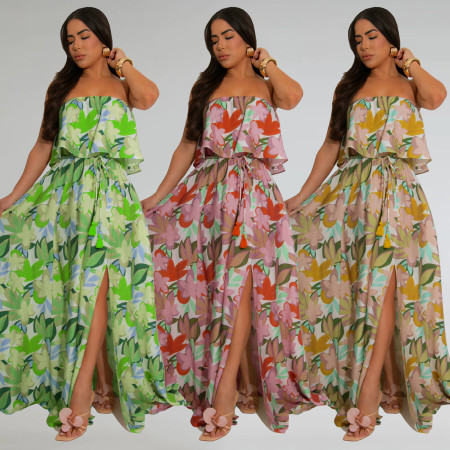 Fashionable women's front slit breathable printed sleeveless dress new