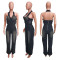 Tight waist slim fit elastic wash denim jumpsuit, neck hanging loose jumpsuit