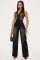 Tight waist slim fit elastic wash denim jumpsuit, neck hanging loose jumpsuit