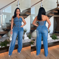 Women's strapless one shoulder slim fit straight leg wide leg denim jumpsuit