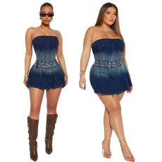 Tight waist, height adjustable, elastic, washed denim, strapless, one shoulder jumpsuit skirt