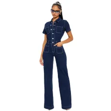Loose elastic bell mouth wash short sleeved denim jumpsuit jumpsuit wide leg pants