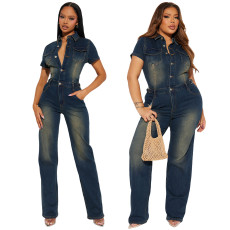 Tight waist slim fit elastic wash denim jumpsuit straight leg loose jumpsuit