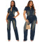 Tight waist slim fit elastic wash denim jumpsuit straight leg loose jumpsuit