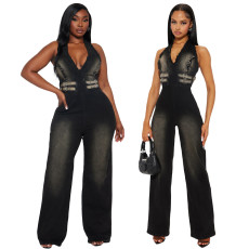 Tight waist slim fit elastic wash denim jumpsuit, neck hanging loose jumpsuit