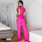 Sexy V-neck sleeveless solid color jumpsuit with lace up wide leg pants, long pants