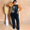 Fashionable sleeveless one-piece flower design slim fit pants with round neck and sexy hip hugging design for women