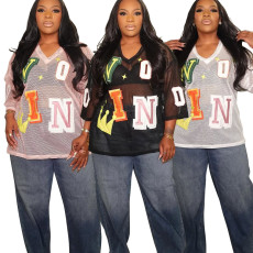 New sexy V-neck mesh with see through printed letters and loose T-sleeves