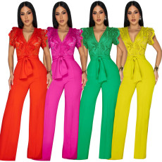 Sexy V-neck sleeveless solid color jumpsuit with lace up wide leg pants, long pants
