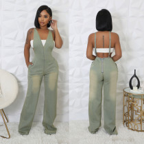 Slim fit elastic wash denim jumpsuit with suspender and wide leg jumpsuit