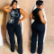 Fashionable sleeveless one-piece flower design slim fit pants with round neck and sexy hip hugging design for women