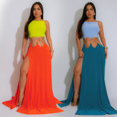 Sexy lace up backless high slit dress, women's solid color new style