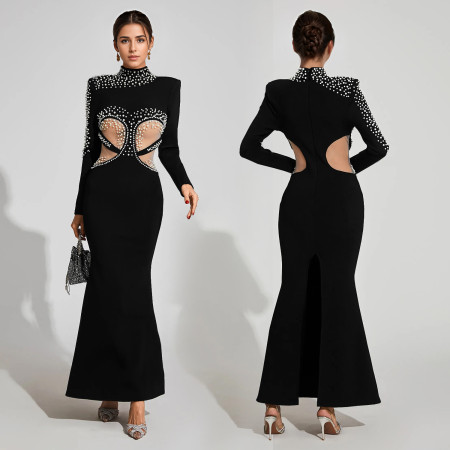 Fashionable women's temperament long sleeved transparent bubble bead dress dress