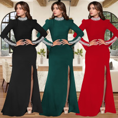 Fashion women's solid color long sleeved rhinestone split dress new style