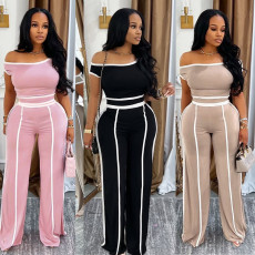 Casual Commuter Solid Color Set with Diagonal Shoulders and Wide Legs, Two Piece Set