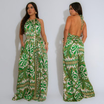 Fashionable women's temperament strap sexy backless printed jumpsuit