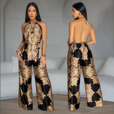 Fashionable women's temperament, casual backless printed wide leg jumpsuit