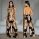 Fashionable women's temperament, casual backless printed wide leg jumpsuit