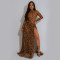 Fashionable women's sexy leopard print long sleeved slit dress