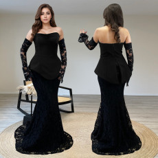 Fashion women's sexy strapless see through lace long skirt two-piece set