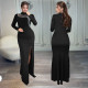 Fashionable women's sexy slim fit long sleeved dress with split diamond chain