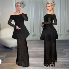 Fashionable women's elegant and sexy long sleeved mesh see through skirt set