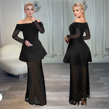 Fashionable women's elegant and sexy long sleeved mesh see through skirt set