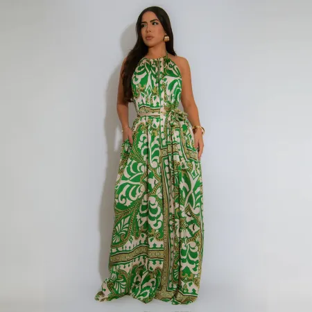 Fashionable women's temperament strap sexy backless printed jumpsuit