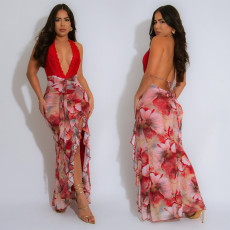 Fashionable women's sexy deep V-neck slim fit printed dress