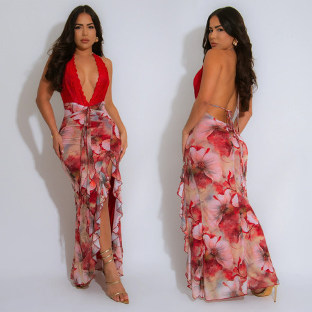 Fashionable women's sexy deep V-neck slim fit printed dress