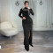 Fashionable women's sexy slim fit long sleeved dress with split diamond chain